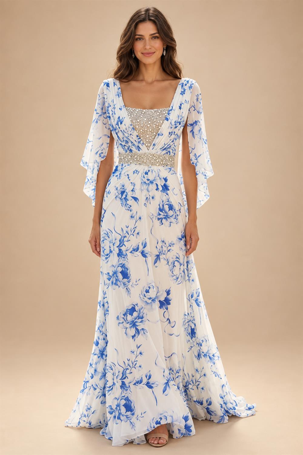 A-Line Chiffon Cape Sleeves Floor-Length Mother of the Bride & Groom Dresses with Ruched Waist (SHI22500705)