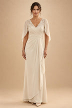 A-Line Chiffon Cape Sleeves Floor-Length Mother of the Bride & Groom Dresses with Ruched Waist (SHI22500705)