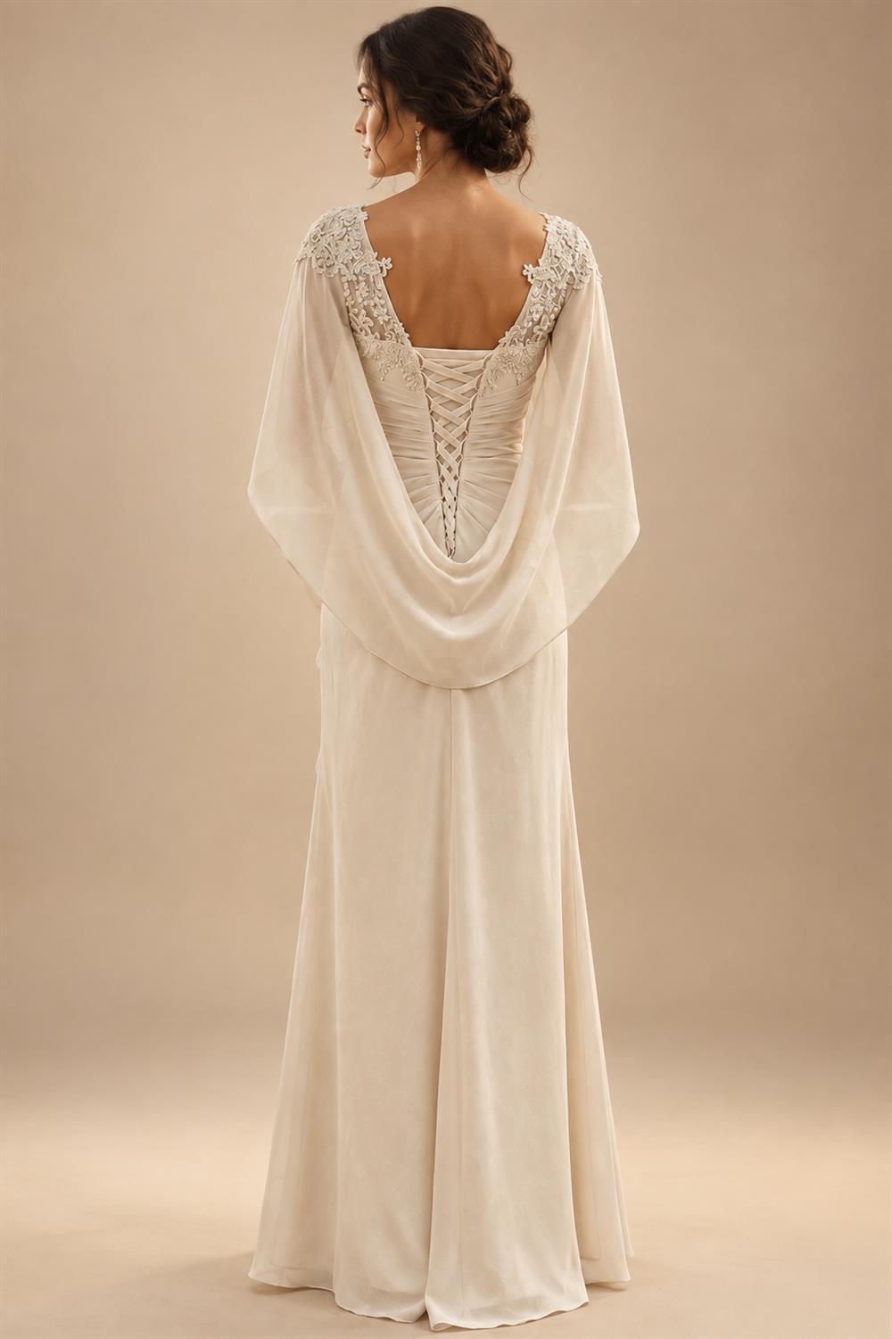 A-Line Chiffon Cape Sleeves Floor-Length Mother of the Bride & Groom Dresses with Ruched Waist (SHI22500705)