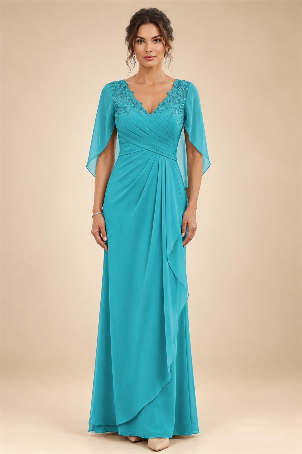 A-Line Chiffon Cape Sleeves Floor-Length Mother of the Bride & Groom Dresses with Ruched Waist (SHI22500705)