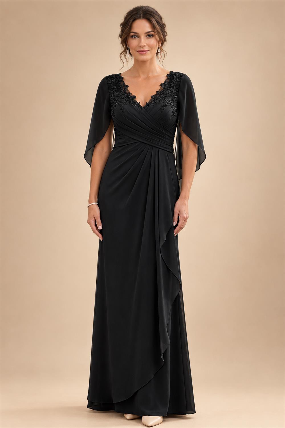 A-Line Chiffon Cape Sleeves Floor-Length Mother of the Bride & Groom Dresses with Ruched Waist (SHI22500705)