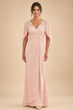 A-Line Chiffon Cape Sleeves Floor-Length Mother of the Bride & Groom Dresses with Ruched Waist (SHI22500705)