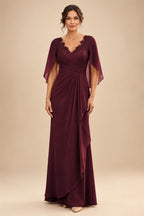 A-Line Chiffon Cape Sleeves Floor-Length Mother of the Bride & Groom Dresses with Ruched Waist (SHI22500705)