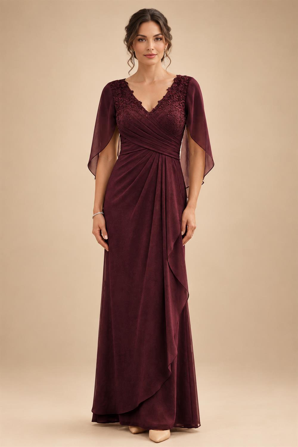 A-Line Chiffon Cape Sleeves Floor-Length Mother of the Bride & Groom Dresses with Ruched Waist (SHI22500705)