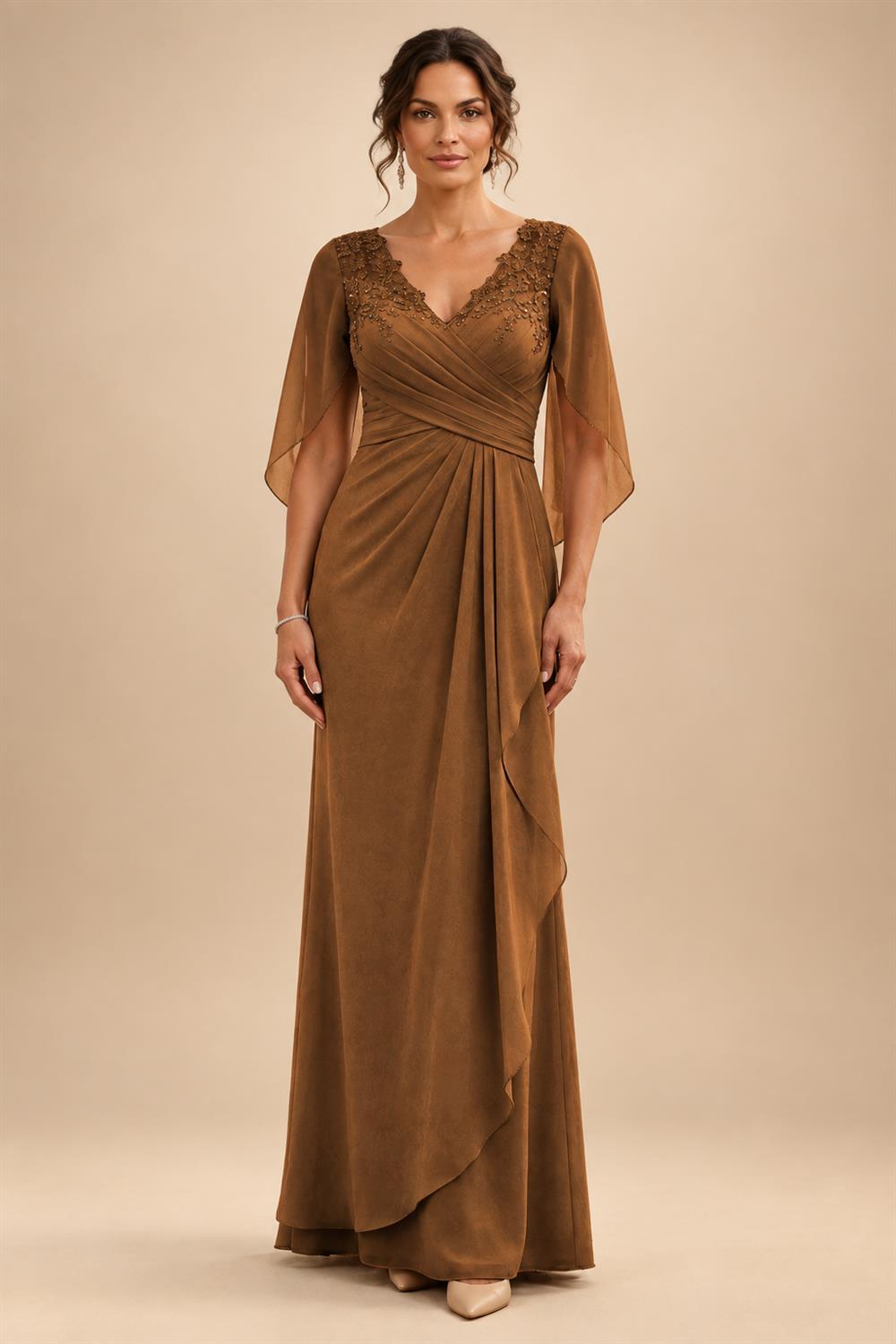 A-Line Chiffon Cape Sleeves Floor-Length Mother of the Bride & Groom Dresses with Ruched Waist (SHI22500705)
