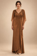 A-Line Chiffon Cape Sleeves Floor-Length Mother of the Bride & Groom Dresses with Ruched Waist (SHI22500705)
