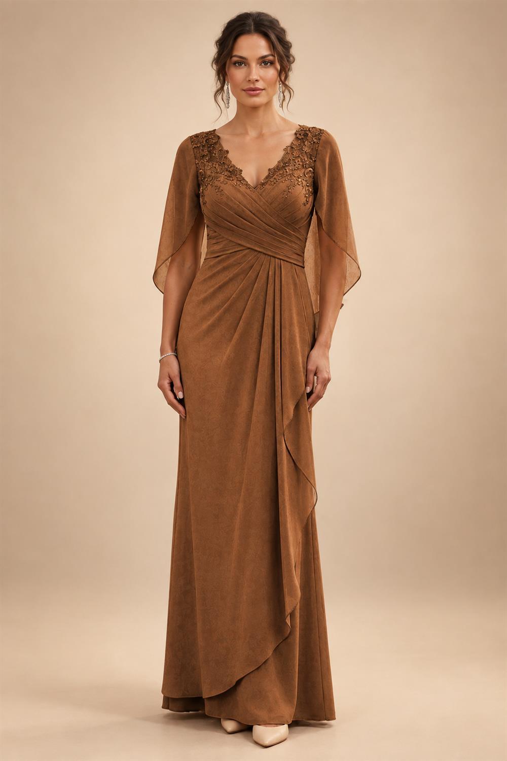 A-Line Chiffon Cape Sleeves Floor-Length Mother of the Bride & Groom Dresses with Ruched Waist (SHI22500705)
