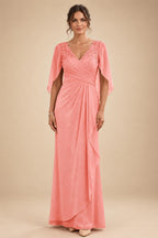 A-Line Chiffon Cape Sleeves Floor-Length Mother of the Bride & Groom Dresses with Ruched Waist (SHI22500705)