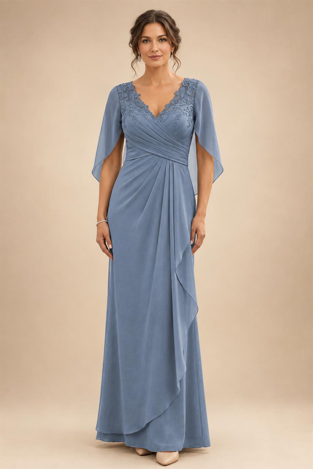 A-Line Chiffon Cape Sleeves Floor-Length Mother of the Bride & Groom Dresses with Ruched Waist (SHI22500705)