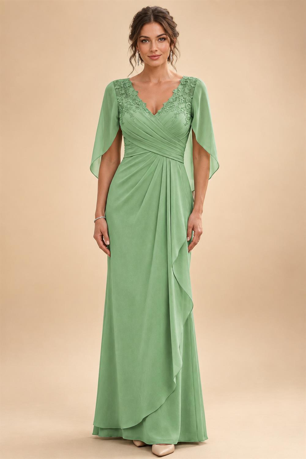 A-Line Chiffon Cape Sleeves Floor-Length Mother of the Bride & Groom Dresses with Ruched Waist (SHI22500705)
