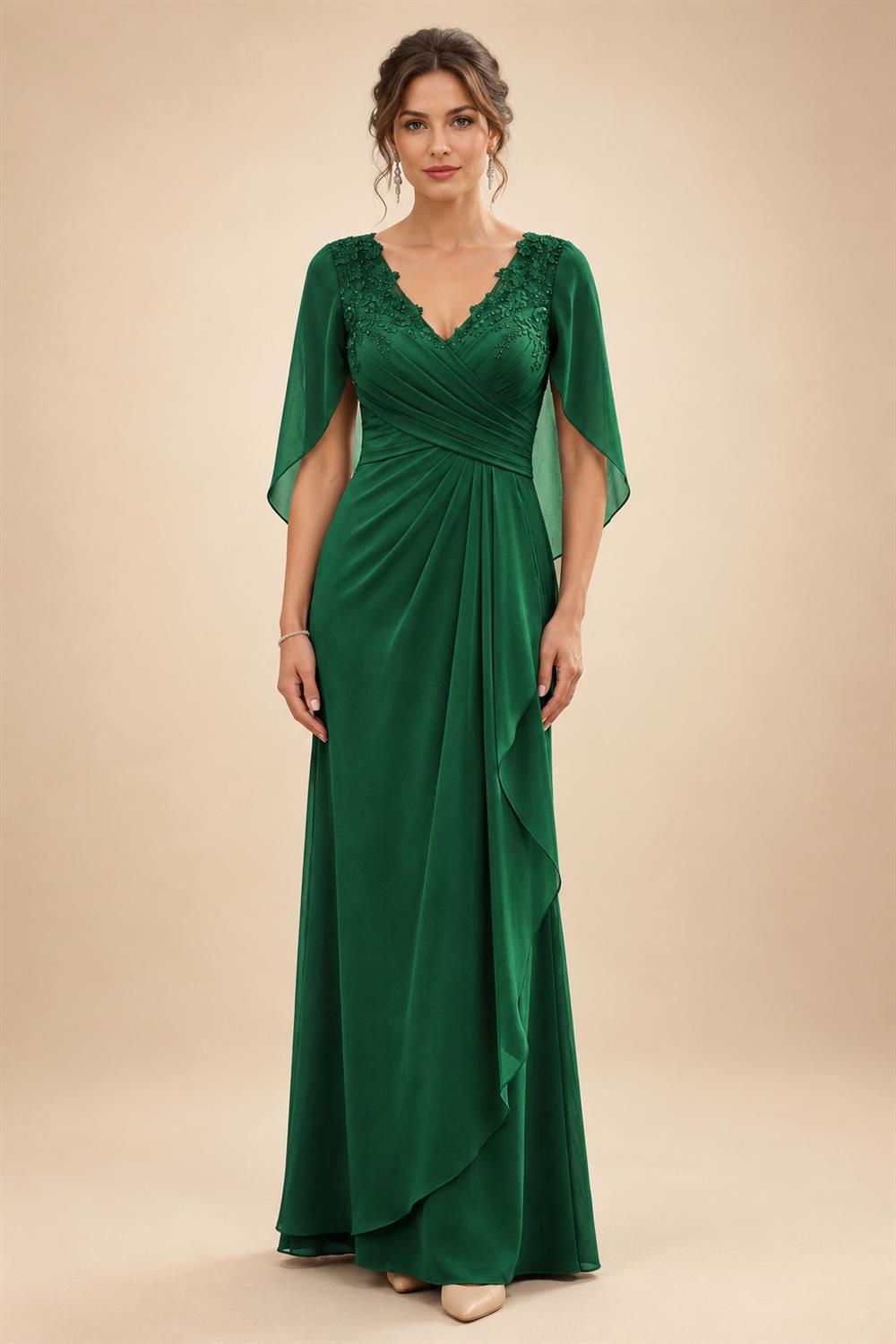 A-Line Chiffon Cape Sleeves Floor-Length Mother of the Bride & Groom Dresses with Ruched Waist (SHI22500705)