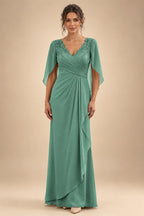 A-Line Chiffon Cape Sleeves Floor-Length Mother of the Bride & Groom Dresses with Ruched Waist (SHI22500705)