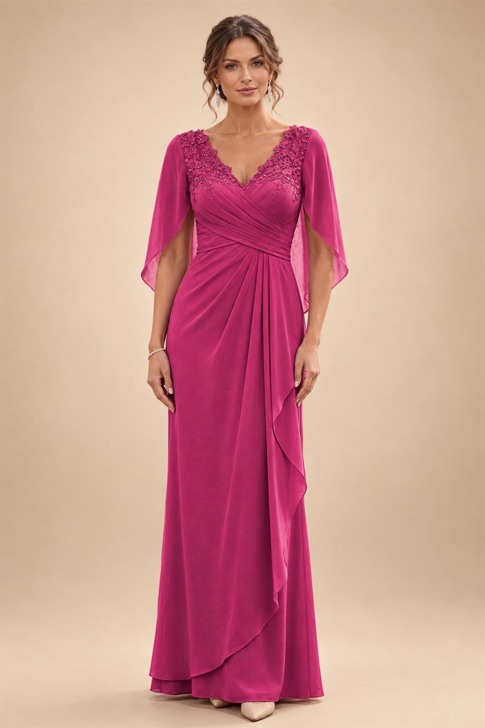 A-Line Chiffon Cape Sleeves Floor-Length Mother of the Bride & Groom Dresses with Ruched Waist (SHI22500705)