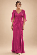 A-Line Chiffon Cape Sleeves Floor-Length Mother of the Bride & Groom Dresses with Ruched Waist (SHI22500705)