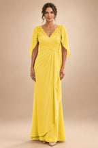 A-Line Chiffon Cape Sleeves Floor-Length Mother of the Bride & Groom Dresses with Ruched Waist (SHI22500705)