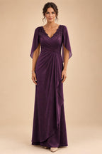A-Line Chiffon Cape Sleeves Floor-Length Mother of the Bride & Groom Dresses with Ruched Waist (SHI22500705)
