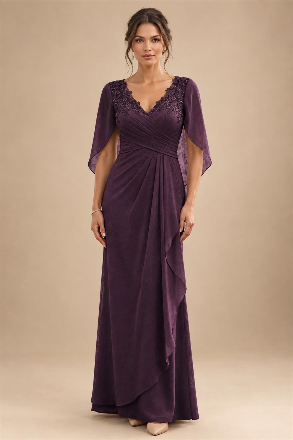 A-Line Chiffon Cape Sleeves Floor-Length Mother of the Bride & Groom Dresses with Ruched Waist (SHI22500705)