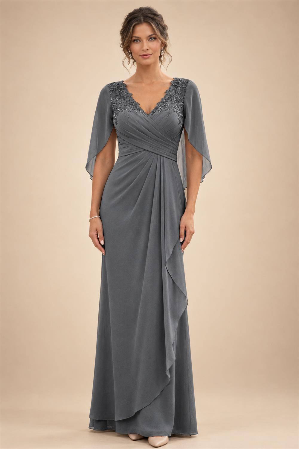 A-Line Chiffon Cape Sleeves Floor-Length Mother of the Bride & Groom Dresses with Ruched Waist (SHI22500705)