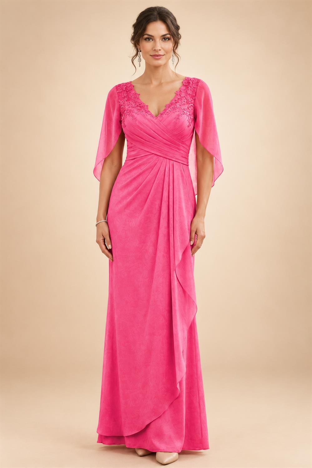 A-Line Chiffon Cape Sleeves Floor-Length Mother of the Bride & Groom Dresses with Ruched Waist (SHI22500705)