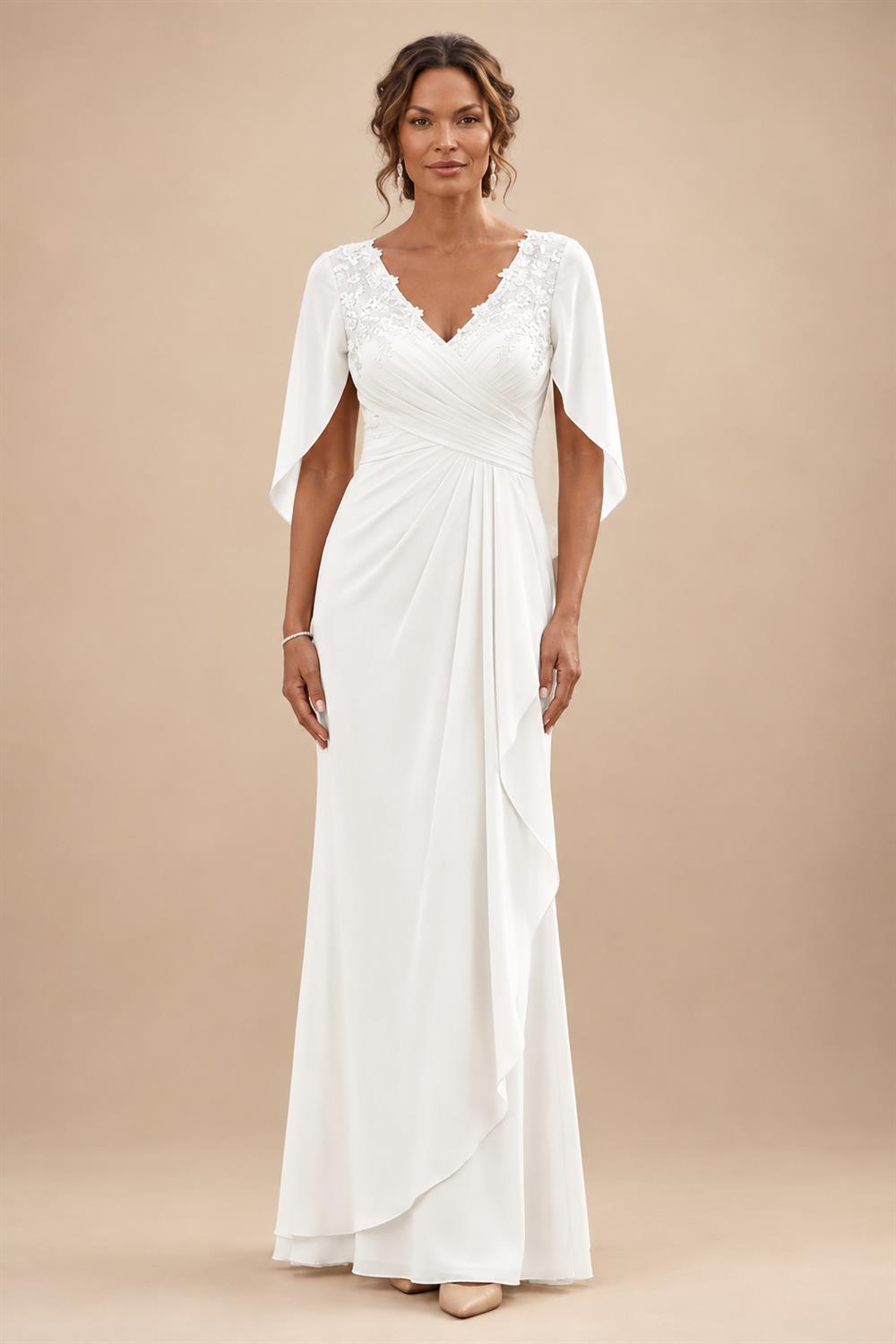 A-Line Chiffon Cape Sleeves Floor-Length Mother of the Bride & Groom Dresses with Ruched Waist (SHI22500705)
