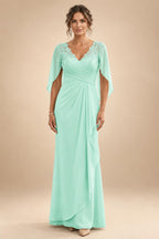 A-Line Chiffon Cape Sleeves Floor-Length Mother of the Bride & Groom Dresses with Ruched Waist (SHI22500705)