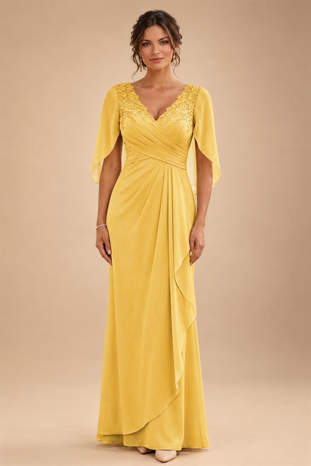 A-Line Chiffon Cape Sleeves Floor-Length Mother of the Bride & Groom Dresses with Ruched Waist (SHI22500705)