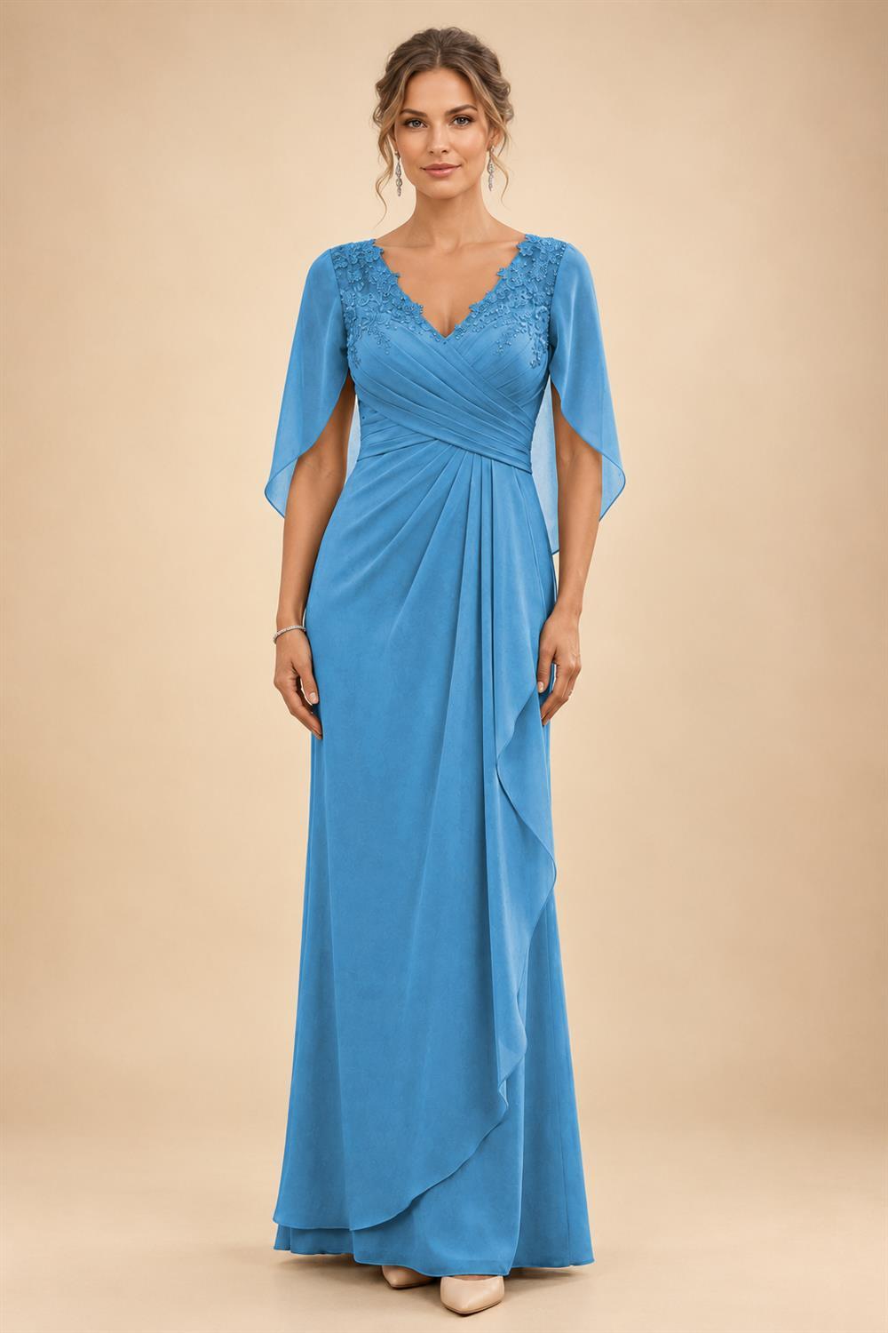 A-Line Chiffon Cape Sleeves Floor-Length Mother of the Bride & Groom Dresses with Ruched Waist (SHI22500705)