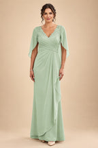 A-Line Chiffon Cape Sleeves Floor-Length Mother of the Bride & Groom Dresses with Ruched Waist (SHI22500705)