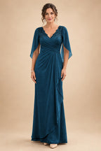 A-Line Chiffon Cape Sleeves Floor-Length Mother of the Bride & Groom Dresses with Ruched Waist (SHI22500705)