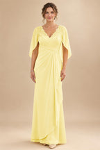 A-Line Chiffon Cape Sleeves Floor-Length Mother of the Bride & Groom Dresses with Ruched Waist (SHI22500705)