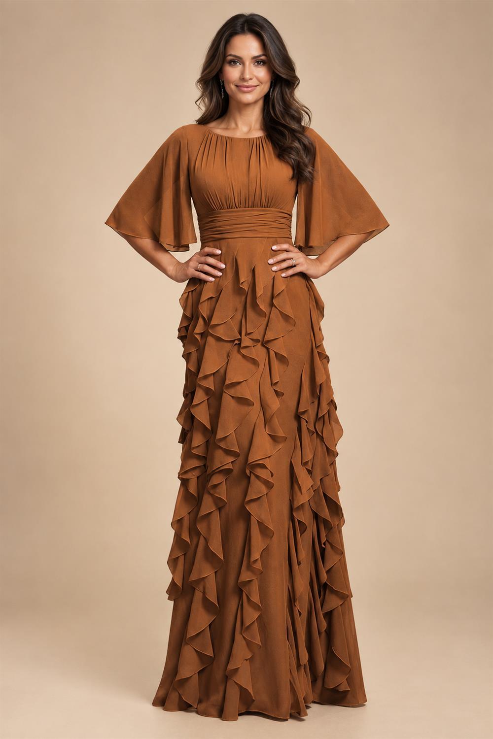 A-Line Chiffon Tiered Ruffles Mother of the Bride & Groom Dresses with Ruched Waist (SHI22500724)