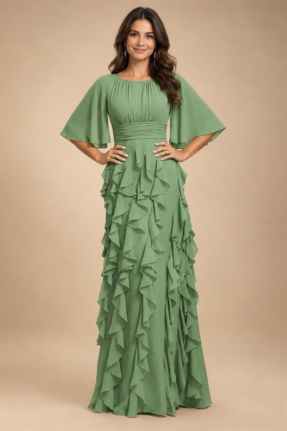 A-Line Chiffon Tiered Ruffles Mother of the Bride & Groom Dresses with Ruched Waist (SHI22500724)