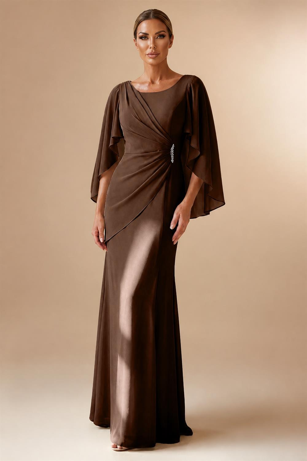 Sheath Chiffon Cape Sleeves Maxi Mother of the Bride & Groom Dresses with Ruched Waist (SHI22500727)