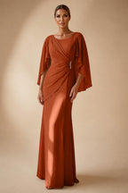 Sheath Chiffon Cape Sleeves Maxi Mother of the Bride & Groom Dresses with Ruched Waist (SHI22500727)