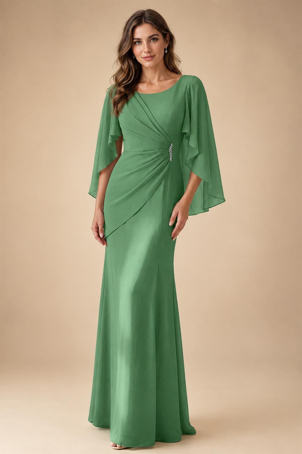 Sheath Chiffon Cape Sleeves Maxi Mother of the Bride & Groom Dresses with Ruched Waist (SHI22500727)