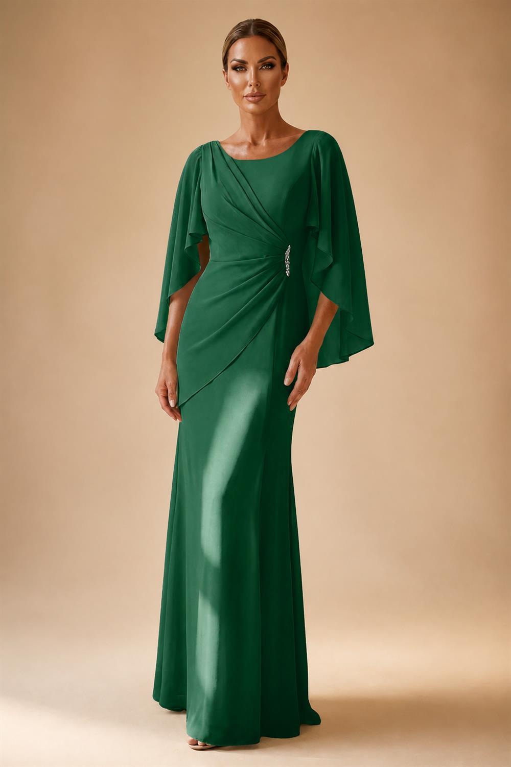 Sheath Chiffon Cape Sleeves Maxi Mother of the Bride & Groom Dresses with Ruched Waist (SHI22500727)