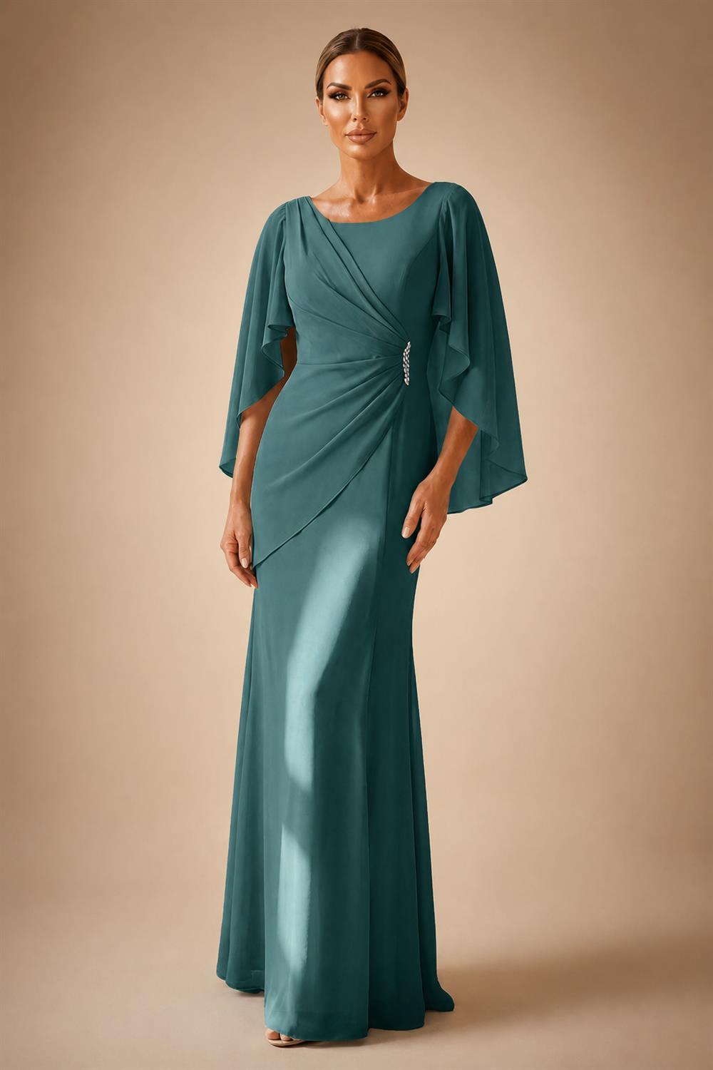 Sheath Chiffon Cape Sleeves Maxi Mother of the Bride & Groom Dresses with Ruched Waist (SHI22500727)