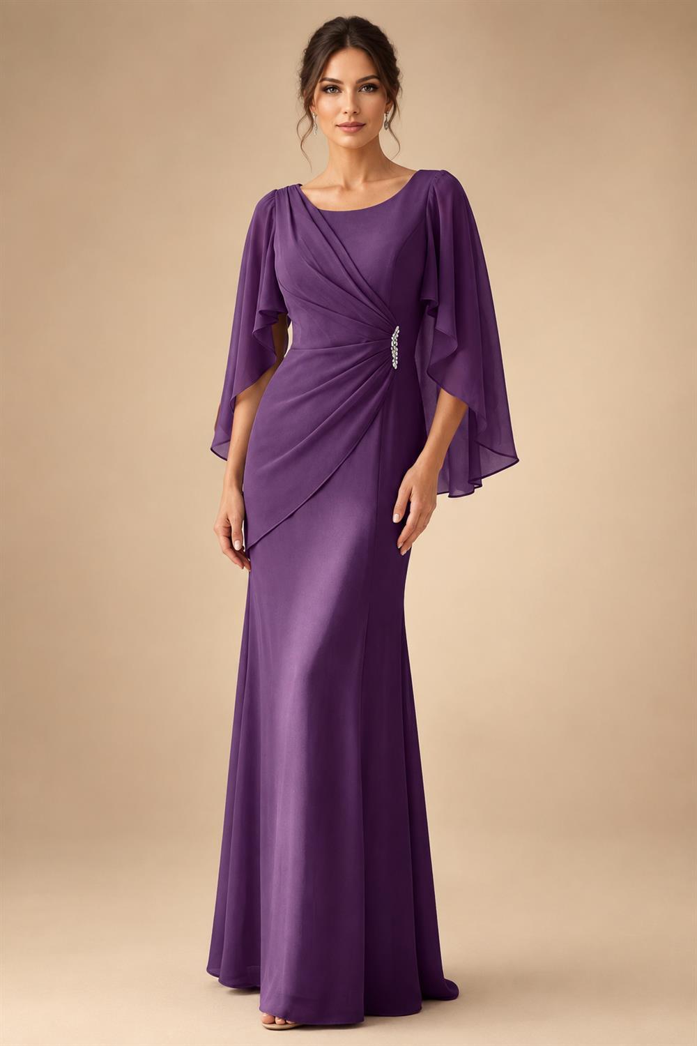 Sheath Chiffon Cape Sleeves Maxi Mother of the Bride & Groom Dresses with Ruched Waist (SHI22500727)