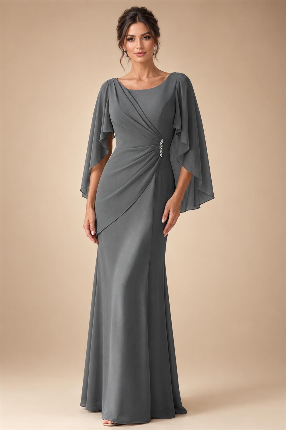 Sheath Chiffon Cape Sleeves Maxi Mother of the Bride & Groom Dresses with Ruched Waist (SHI22500727)