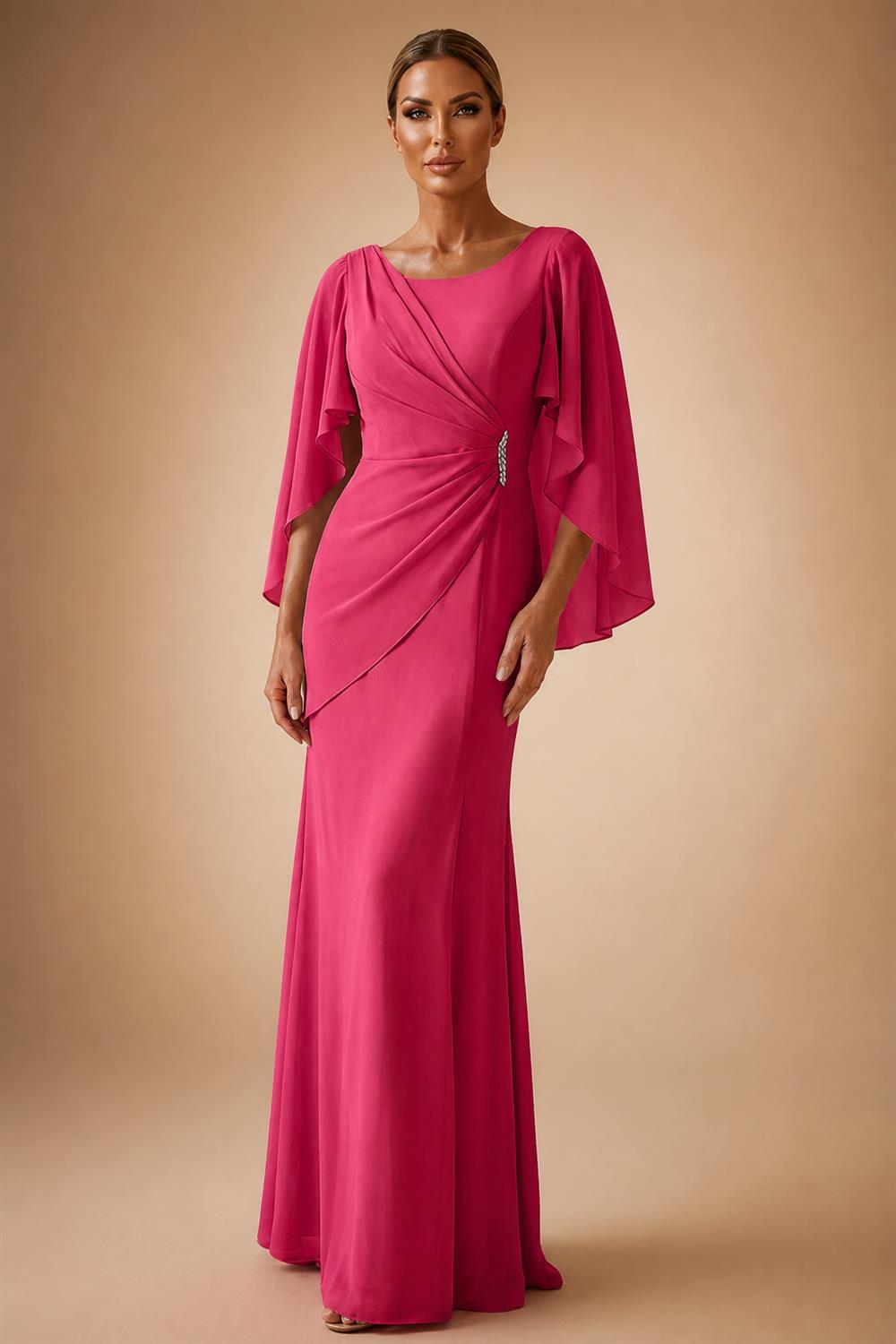 Sheath Chiffon Cape Sleeves Maxi Mother of the Bride & Groom Dresses with Ruched Waist (SHI22500727)