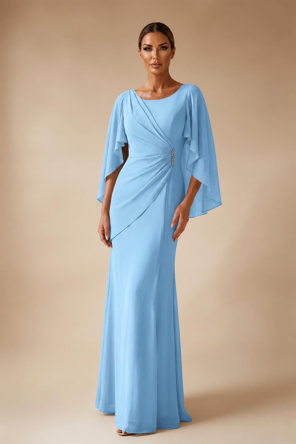 Sheath Chiffon Cape Sleeves Maxi Mother of the Bride & Groom Dresses with Ruched Waist (SHI22500727)