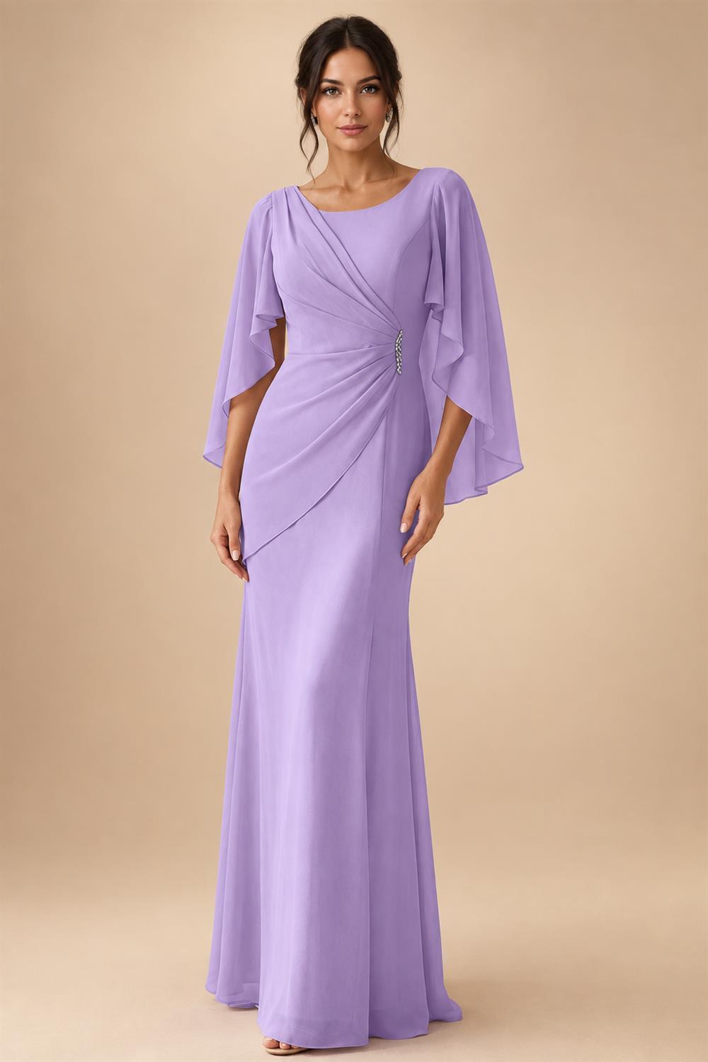 Sheath Chiffon Cape Sleeves Maxi Mother of the Bride & Groom Dresses with Ruched Waist (SHI22500727)