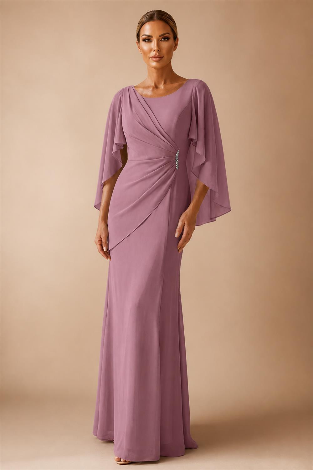 Sheath Chiffon Cape Sleeves Maxi Mother of the Bride & Groom Dresses with Ruched Waist (SHI22500727)
