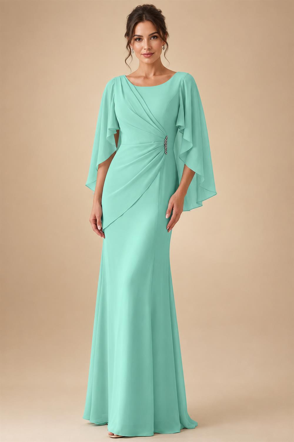 Sheath Chiffon Cape Sleeves Maxi Mother of the Bride & Groom Dresses with Ruched Waist (SHI22500727)