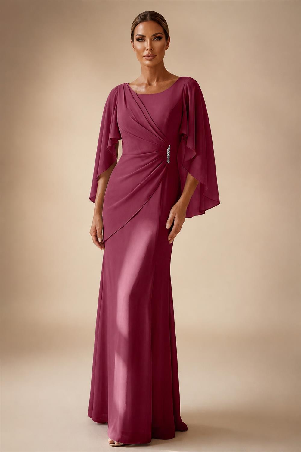 Sheath Chiffon Cape Sleeves Maxi Mother of the Bride & Groom Dresses with Ruched Waist (SHI22500727)