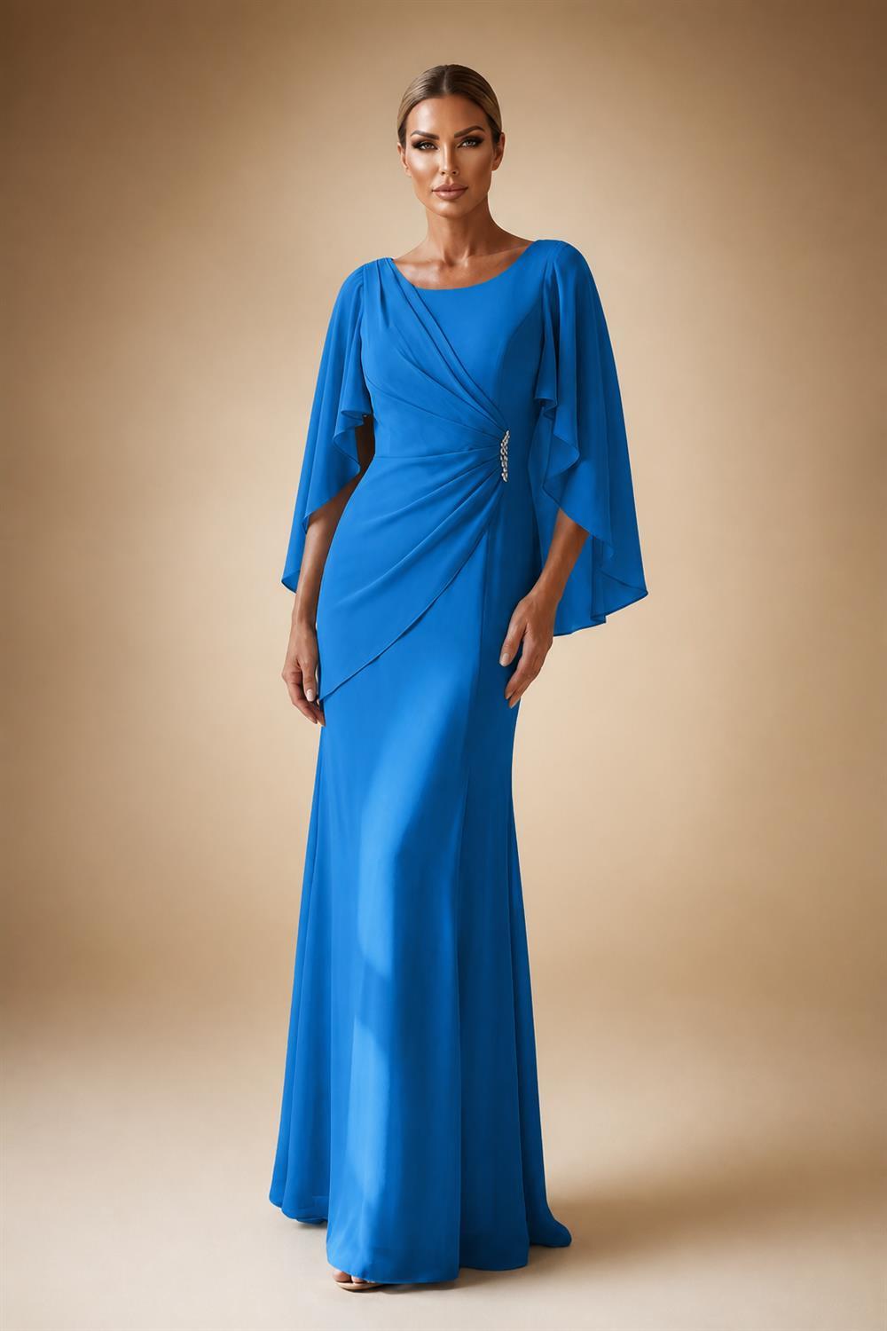 Sheath Chiffon Cape Sleeves Maxi Mother of the Bride & Groom Dresses with Ruched Waist (SHI22500727)