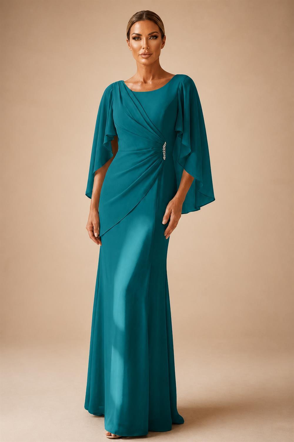 Sheath Chiffon Cape Sleeves Maxi Mother of the Bride & Groom Dresses with Ruched Waist (SHI22500727)