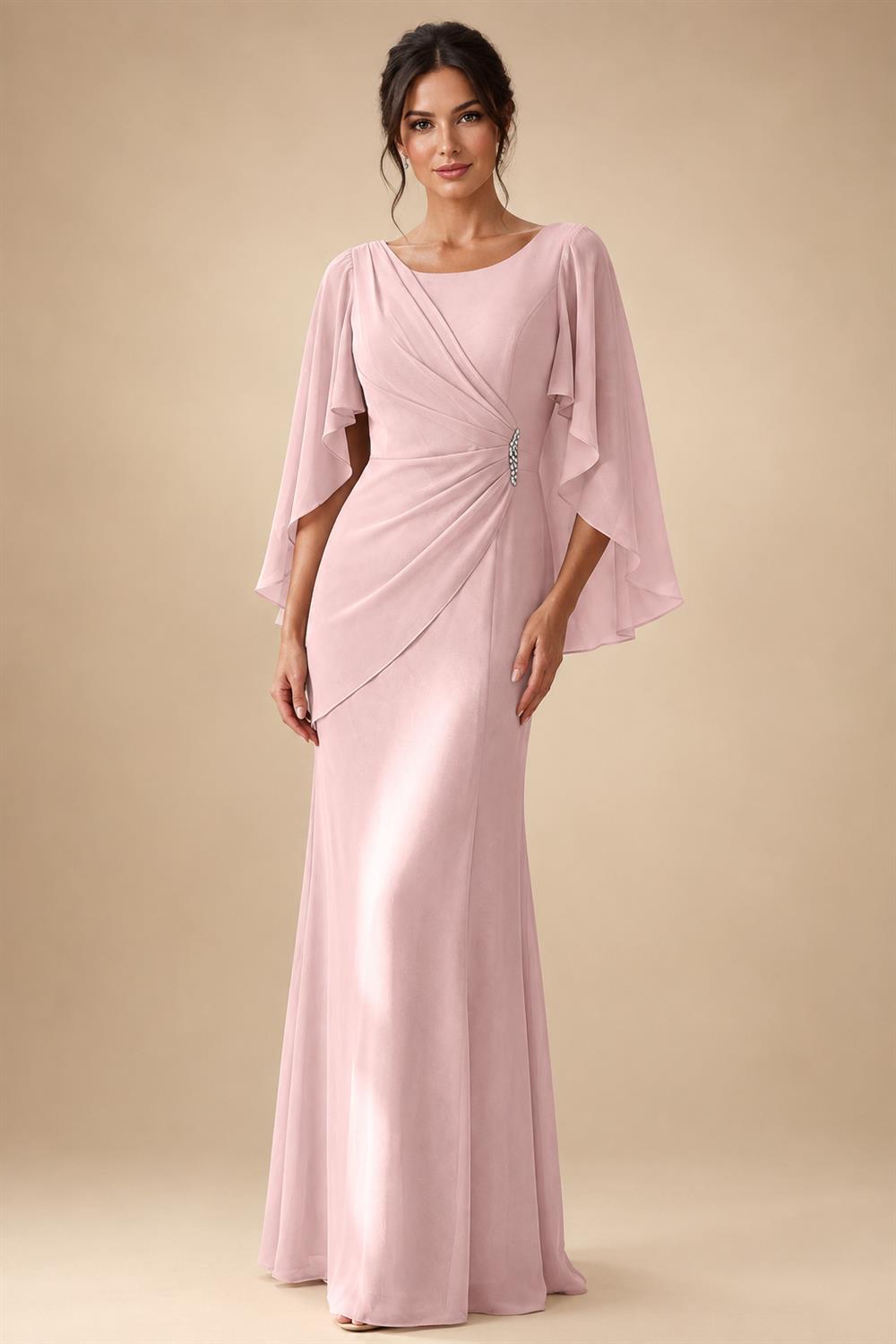 Sheath Chiffon Cape Sleeves Maxi Mother of the Bride & Groom Dresses with Ruched Waist (SHI22500727)