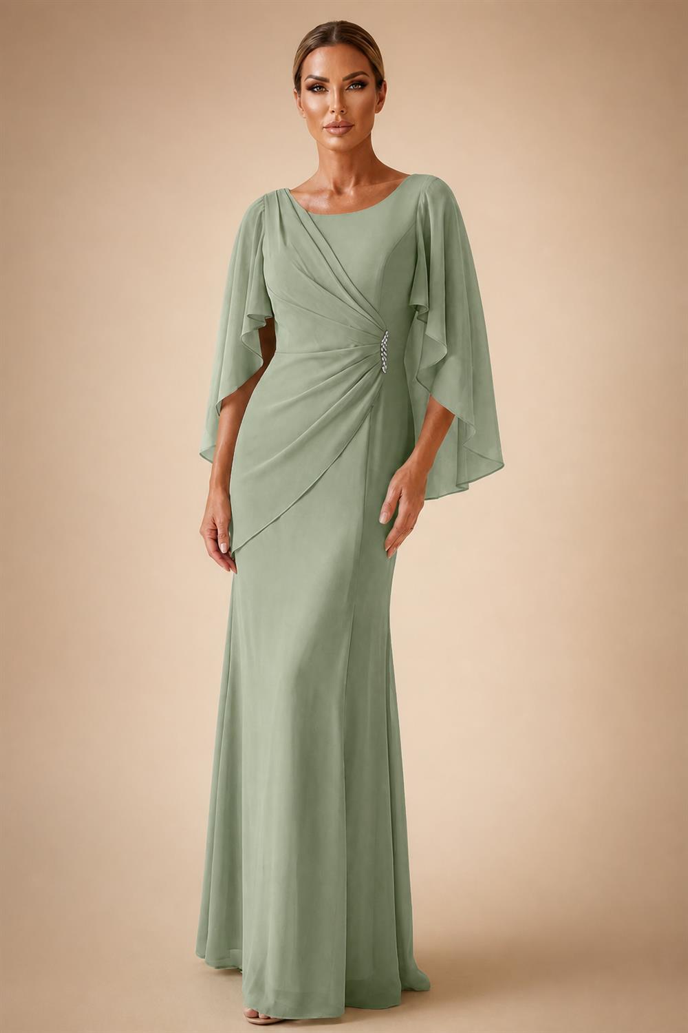 Sheath Chiffon Cape Sleeves Maxi Mother of the Bride & Groom Dresses with Ruched Waist (SHI22500727)