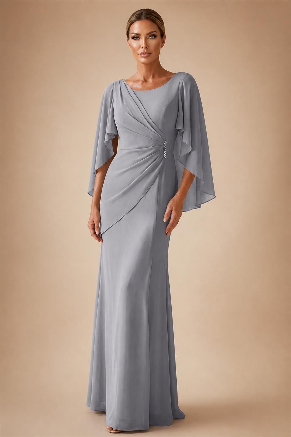 Sheath Chiffon Cape Sleeves Maxi Mother of the Bride & Groom Dresses with Ruched Waist (SHI22500727)